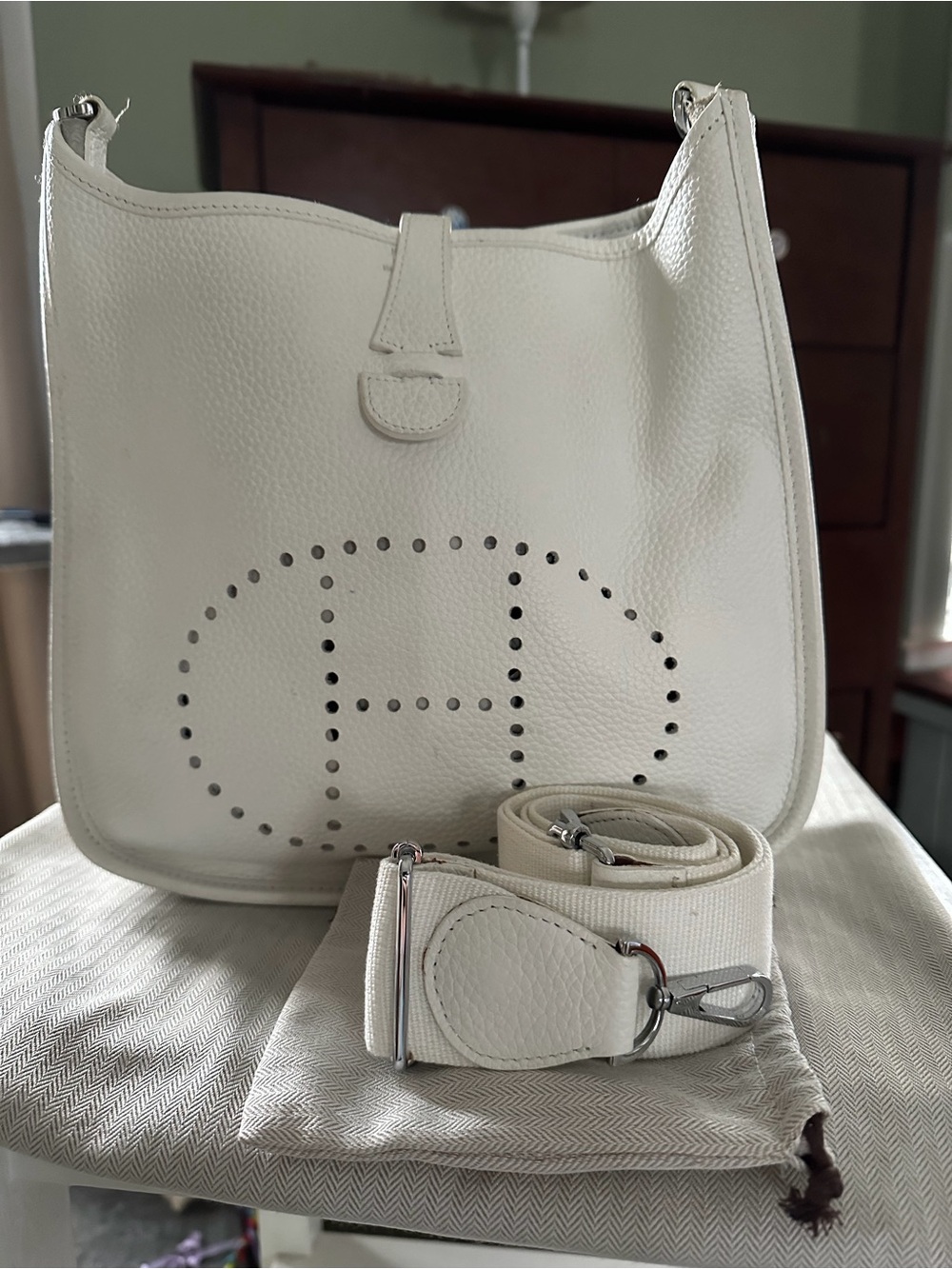 White inspired H laser cut Leather Crossbody Bag with Detachable Strap
